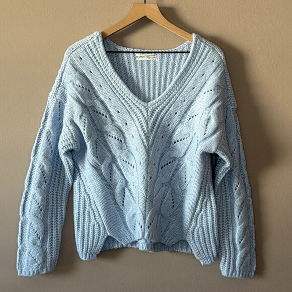 Women's S Anthropologie Ramona Cable-Knit Sweater in Baby Blue - Picture 3 of 9